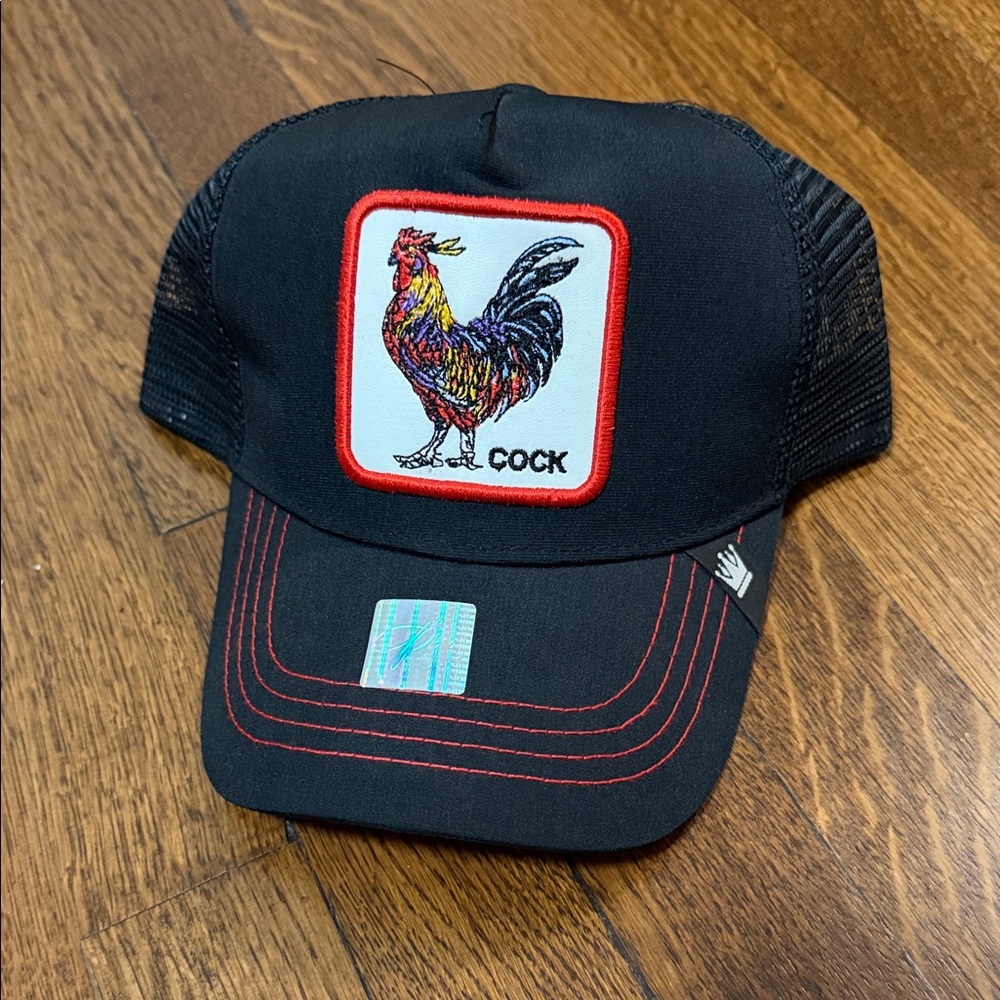 Black Trucker Hat with Rooster Patch